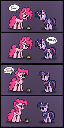 Size: 1530x3060 | Tagged: safe, artist:mindofnoodles, pinkie pie, twilight sparkle, g4, comic, cupcake, looking at each other, looking at someone, looking down, smiling, swearing, twilight sparkle is not amused, unamused