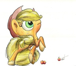 Size: 943x820 | Tagged: safe, artist:getchanoodlewet, applejack, g4, apple, female, obligatory apple, raised hoof, simple background, solo, traditional art, unshorn fetlocks