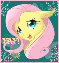 Size: 753x800 | Tagged: safe, artist:unisoleil, fluttershy, pegasus, pony, g4, bust, ear fluff, female, mare, portrait, signature, solo, yay