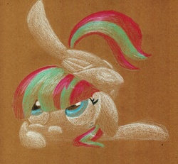Size: 1024x948 | Tagged: safe, artist:getchanoodlewet, blossomforth, pegasus, pony, g4, female, flexible, mare, solo, toned paper, traditional art