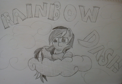 Size: 1024x703 | Tagged: artist needed, source needed, safe, rainbow dash, g4, cloud, cloudy, female, solo, traditional art