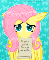 Size: 900x1099 | Tagged: safe, artist:taco-bandit, fluttershy, g4, cute, female, hoers, motivational, mouth hold, sad, solo