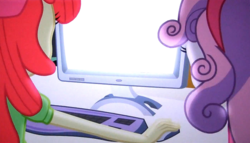 Size: 1256x720 | Tagged: safe, edit, edited screencap, screencap, apple bloom, sweetie belle, equestria girls, g4, my little pony equestria girls, computer, duo, exploitable, female, monitor, the crusaders browse the internet