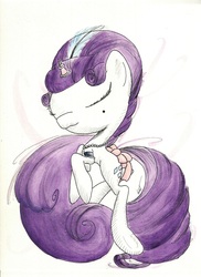 Size: 1024x1408 | Tagged: safe, artist:getchanoodlewet, rarity, g4, alternate hairstyle, eyes closed, female, horn, horn jewelry, jewelry, rearing, solo, tail bow, traditional art