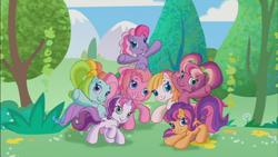 Size: 853x480 | Tagged: safe, screencap, cheerilee (g3), pinkie pie (g3), rainbow dash (g3), scootaloo (g3), starsong, sweetie belle (g3), toola-roola, g3, g3.5, core seven