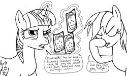 Size: 1024x613 | Tagged: safe, artist:doctorspectrum, rainbow dash, twilight sparkle, g4, magic the gathering, monochrome