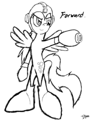 Size: 2550x3300 | Tagged: safe, artist:cresentbladedbrony, derpy hooves, pegasus, pony, g4, crossover, female, lineart, mare, mega man (series), megamare, monochrome, newbie artist training grounds, solo