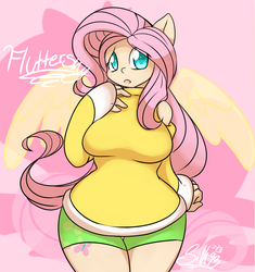 Size: 930x991 | Tagged: safe, artist:moneychan, fluttershy, human, g4, breasts, busty fluttershy, clothes, eared humanization, female, humanized, solo, sweater, sweatershy, tailed humanization, winged humanization