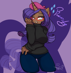 Size: 970x990 | Tagged: dead source, safe, artist:moneychan, rarity, human, g4, beatnik rarity, beret, breasts, busty rarity, clothes, eared humanization, female, flesh horn, glasses, hat, horn, horned humanization, humanized, solo, tailed humanization