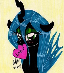 Size: 765x874 | Tagged: safe, artist:newyorkx3, queen chrysalis, changeling, changeling queen, g4, blushing, female, mouth hold, solo, traditional art