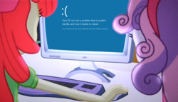 Size: 1256x720 | Tagged: safe, edit, edited screencap, screencap, apple bloom, sweetie belle, equestria girls, g4, my little pony equestria girls, :c, blue screen of death, computer, duo, emoticon, meme, microsoft windows, monitor, stop error, the crusaders browse the internet, windows 8