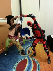 Size: 768x1024 | Tagged: safe, artist:kohalu cosplay, discord, human, g4, convention, cosplay, crossover, deadpool, fusion dance, irl, irl human, photo, xk-class end-of-the-world scenario