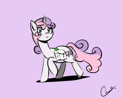 Size: 1280x1024 | Tagged: safe, artist:ultra, sweetie belle, pony, unicorn, g4, bag, female, looking at you, saddle bag, signature, simple background, smiling, solo