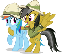 Size: 4148x3613 | Tagged: safe, artist:vector-brony, daring do, rainbow dash, pegasus, pony, g4, :d, bipedal, clothes, duo, duo female, female, full body, happy, hug, looking at each other, looking at someone, looking into each others eyes, mare, open mouth, open smile, raised hoof, show accurate, side by side, side view, simple background, smiling, spread wings, transparent background, wings