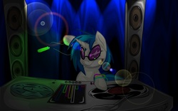 Size: 1750x1089 | Tagged: safe, artist:s4vin, dj pon-3, vinyl scratch, g4, female, lens flare, solo, speaker, turntable