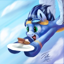 Size: 600x600 | Tagged: safe, artist:tsitra360, soarin', g4, cute, drool, flying, happy, male, pie, soarinbetes, solo, that pony sure does love pies, wonderbolts uniform