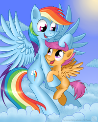 Size: 1000x1250 | Tagged: safe, artist:swanlullaby, rainbow dash, scootaloo, pegasus, pony, g4, cloud, female, filly, happy, mare, scootalove