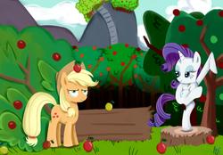 Size: 1720x1200 | Tagged: safe, artist:kyle23emma, applejack, rarity, g4, action pose, apple, applejack is not amused, bucking, destruction, fallen tree, kick, martial artist rarity, orchard, tree, unamused, unimpressed