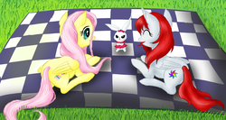 Size: 3000x1600 | Tagged: safe, artist:hinadany, angel bunny, fluttershy, oc, g4, picnic