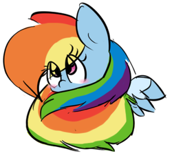 Size: 538x493 | Tagged: safe, artist:redshycup, rainbow dash, pegasus, pony, g4, blushing, curled up, cute, dashabetes, female, hiding, long mane, long tail, shy, simple background, solo, white background