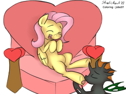 Size: 915x680 | Tagged: safe, artist:jobo37, artist:strebiskunk, fluttershy, oc, oc:vesairus, changeling, g4, canon x oc, chair, changeling oc, colored, eyes closed, flutterus, hoof fetish, hoof licking, hoof tickling, laughing, licking, open mouth, sitting, smiling, tickling