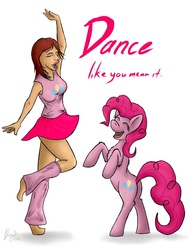 Size: 768x1024 | Tagged: safe, artist:bingodingo, pinkie pie, human, pony, g4, barefoot, bipedal, chest fluff, clothes, dancing, eyes closed, feet, fluffy, leg warmers, open mouth, rearing, skirt, smiling