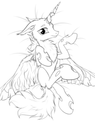 Size: 1200x1600 | Tagged: safe, artist:xn-d, oc, oc only, changeling, moth, mothling, mothpony, nymph, original species, changeling oc, chest fluff, lineart, monochrome, on back, solo, species swap