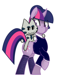 Size: 1019x1345 | Tagged: safe, artist:ppdraw, twilight sparkle, cat, pony, unicorn, g4, business cat, clothes, curved horn, female, horn, looking at something, mare, raised hoof, riding, riding a pony, shirt, simple background, socks, solo, transparent background, unicorn twilight