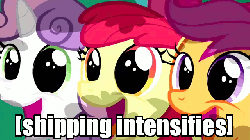 Size: 640x360 | Tagged: safe, edit, edited screencap, screencap, apple bloom, scootaloo, sweetie belle, earth pony, pegasus, pony, unicorn, g4, hearts and hooves day (episode), season 2, animated, caption, cute, cutie mark crusaders, cutie ship crusaders, descriptive noise, dilated pupils, eye shimmer, female, hearts and hooves day, image macro, open mouth, shipping, text, x intensifies