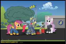 Size: 6851x4597 | Tagged: safe, artist:starbolt-81, apple bloom, scootaloo, sweetie belle, g4, absurd resolution, artificial wings, augmented, clothes, cutie mark crusaders, jet, necktie, older, runway, suit, tech, wings