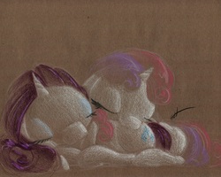 Size: 1024x820 | Tagged: safe, artist:getchanoodlewet, rarity, sweetie belle, g4, sisters, sleeping, traditional art