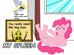 Size: 3300x2475 | Tagged: safe, artist:saburodaimando, derpy hooves, pinkie pie, pegasus, pony, g4, adventure time, butt, female, laughing, lemongrab, male, mare, on back, plot