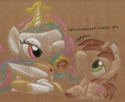 Size: 1004x820 | Tagged: safe, artist:getchanoodlewet, donut joe, princess celestia, g4, magic, traditional art