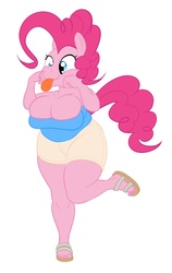 Size: 600x950 | Tagged: safe, artist:calorie, pinkie pie, earth pony, anthro, plantigrade anthro, g4, big breasts, breasts, busty pinkie pie, chubby, clothes, female, sandals, shorts, solo, tongue out