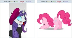 Size: 522x274 | Tagged: safe, pinkie pie, rarity, g4, exploitable meme, female, juxtaposition, juxtaposition win, lesbian, meme, ship:raripie, shipping