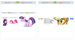 Size: 532x288 | Tagged: safe, applejack, pinkie pie, rarity, twilight sparkle, g4, exploitable meme, juxtaposition, juxtaposition win, juxtaposition winception, meme