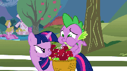 Size: 960x540 | Tagged: safe, screencap, spike, twilight sparkle, dragon, pony, unicorn, g4, the ticket master, animated, apple, apple tree, burp, claws, displeased, dragon mail, dragonfire, dragons riding ponies, eating, female, fire, fire breath, fire burp, food, glare, green fire, male, mare, riding, shrug, sin of gluttony, slit pupils, spike riding twilight, tree, twilight sparkle is not amused, unamused, unicorn twilight