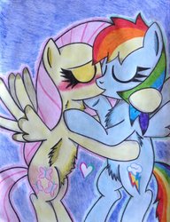 Size: 1024x1332 | Tagged: safe, artist:xquiizitgam3r, fluttershy, rainbow dash, g4, blushing, chest fluff, female, heart, kissing, lesbian, ship:flutterdash, shipping