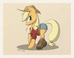 Size: 2000x1567 | Tagged: safe, artist:rb-d, applejack, g4, boots, clothes, female, hoof boots, shirt, shorts, solo, straw in mouth