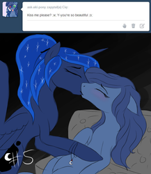 Size: 815x939 | Tagged: safe, artist:neverwhispered, princess luna, oc, g4, aki, blushing, canon x oc, female, kissing, lesbian, shipping, tumblr