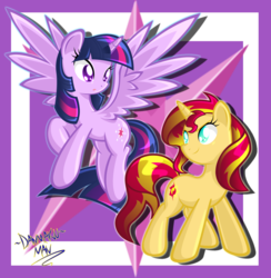 Size: 2362x2418 | Tagged: safe, artist:danmakuman, sunset shimmer, twilight sparkle, alicorn, pony, unicorn, g4, female, mare, twilight sparkle (alicorn)