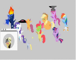 Size: 580x464 | Tagged: safe, artist:chicken-cake, apple bloom, applejack, berry punch, berryshine, daring do, derpy hooves, dj pon-3, fluttershy, pinkie pie, princess luna, rainbow dash, rarity, scootaloo, twilight sparkle, vinyl scratch, earth pony, pegasus, pony, unicorn, g4, animated, anvil, ash, bipedal, decapitated, dumb ways to die, female, fire, green face, hat, headless, mane six, mare, pinkamena diane pie, pith helmet, pointy ponies, sick, skeleton, unicorn twilight, washing machine