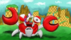 Size: 3032x1706 | Tagged: safe, artist:beaverblast, rarity, crab, robot, g4, badnik, crabmeat, crossover, green hill zone, rarity fighting a giant crab, sonic the hedgehog (series), sword