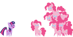 Size: 2253x1134 | Tagged: safe, artist:minipones, pinkie pie, twilight sparkle, earth pony, pony, g4, too many pinkie pies, clone, female, mare, multeity, pinkie clone, pointy ponies, simple background, too much pink energy is dangerous, transparent background