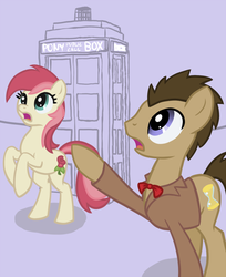 Size: 735x900 | Tagged: safe, artist:arrkhal, doctor whooves, roseluck, time turner, earth pony, pony, g4, crossover, doctor who, female, male, pointing, ship:doctorrose, shipping, straight, tardis