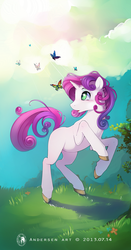 Size: 1572x3000 | Tagged: dead source, safe, artist:antiander, sweetie belle, butterfly, pony, unicorn, g4, blank flank, cloud, colored hooves, crepuscular rays, female, filly, grass, looking up, outdoors, solo