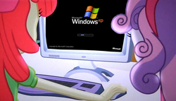 Size: 1256x720 | Tagged: safe, edit, edited screencap, screencap, apple bloom, sweetie belle, equestria girls, g4, my little pony equestria girls, computer, duo, loading, meme, microsoft windows, the crusaders browse the internet, windows xp