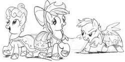 Size: 1249x618 | Tagged: safe, artist:jowyb, apple bloom, scootaloo, sweetie belle, g4, clothes, cutie mark crusaders, dress, gala dress, monochrome