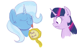 Size: 1000x626 | Tagged: safe, artist:rustydooks, trixie, twilight sparkle, g4, award, tongue out