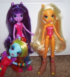 Size: 704x768 | Tagged: safe, applejack, rainbow dash, twilight sparkle, equestria girls, g4, doll, irl, photo, toy
